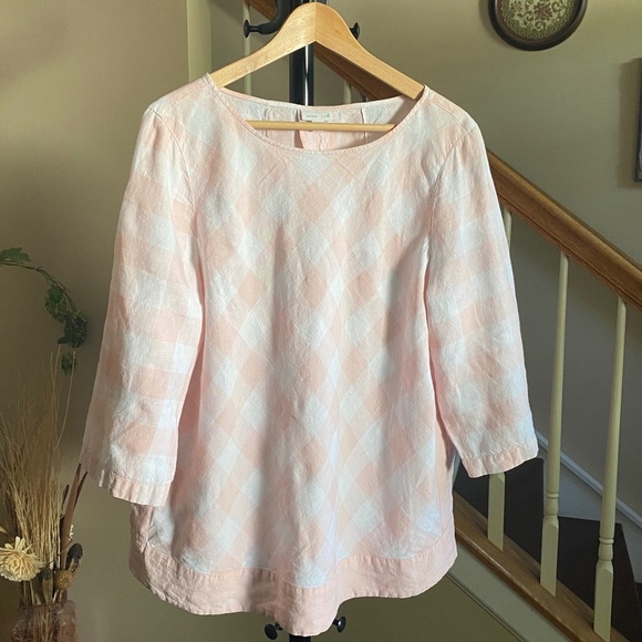 J. Jill Love Linen Boat Neck Top 3/4 Sleeve Gingham Pink and White Size Large - Picture 1 of 15